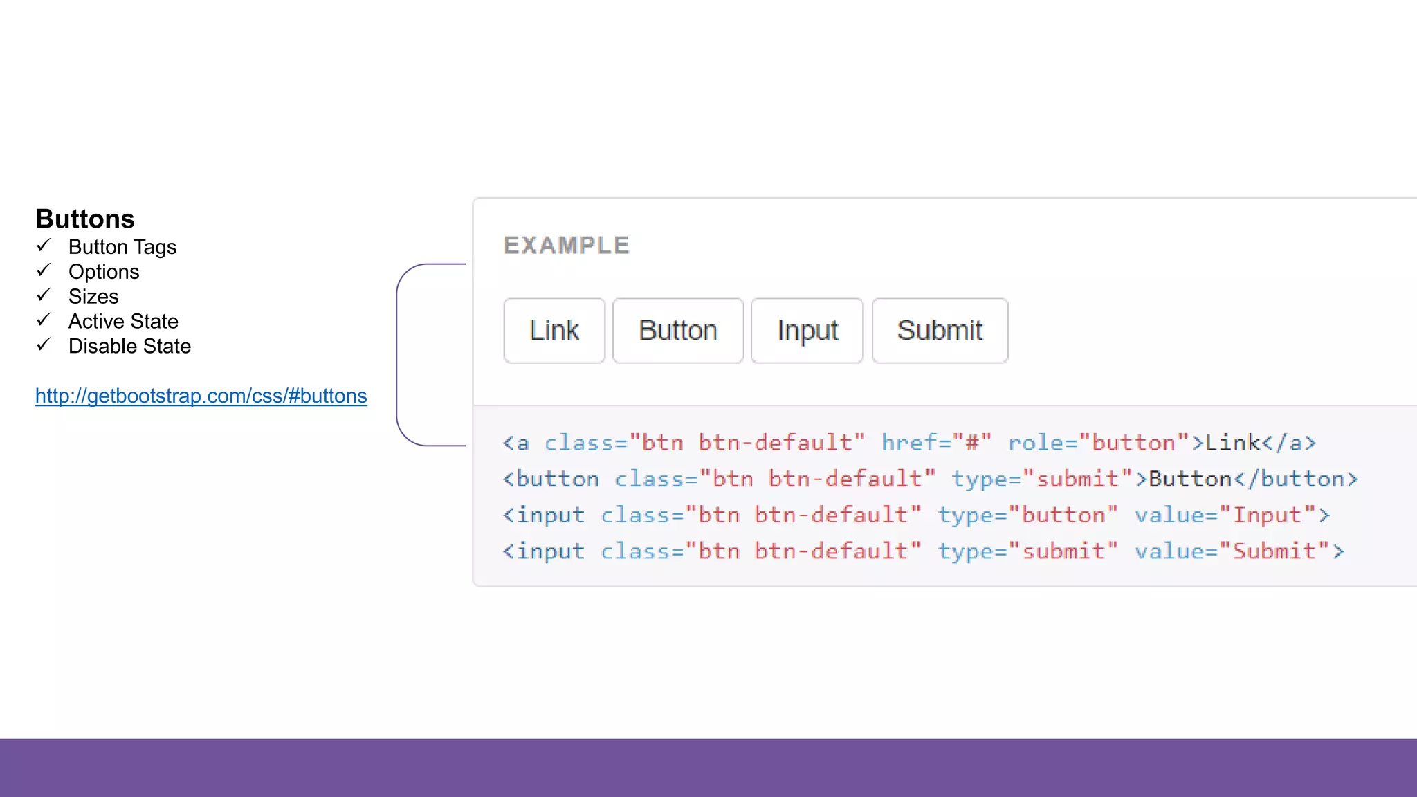 Buttons
Buttons
 Button Tags
 Options
 Sizes
 Active State
 Disable State
http://getbootstrap.com/css/#buttons
 