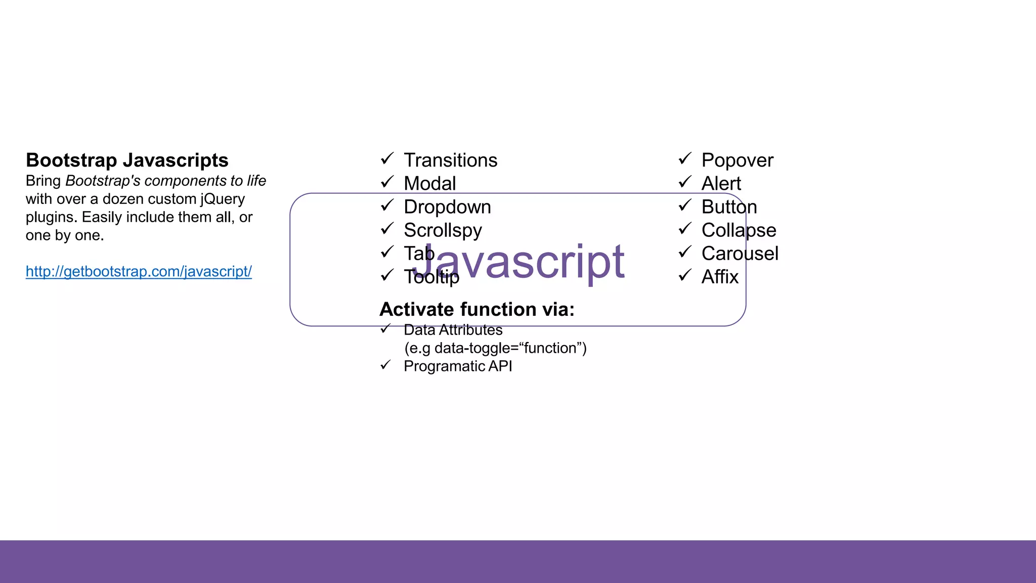 Javascript
Bootstrap Javascripts
Bring Bootstrap's components to life
with over a dozen custom jQuery
plugins. Easily include them all, or
one by one.
http://getbootstrap.com/javascript/
 Transitions
 Modal
 Dropdown
 Scrollspy
 Tab
 Tooltip
 Popover
 Alert
 Button
 Collapse
 Carousel
 Affix
Activate function via:
 Data Attributes
(e.g data-toggle=“function”)
 Programatic API
 