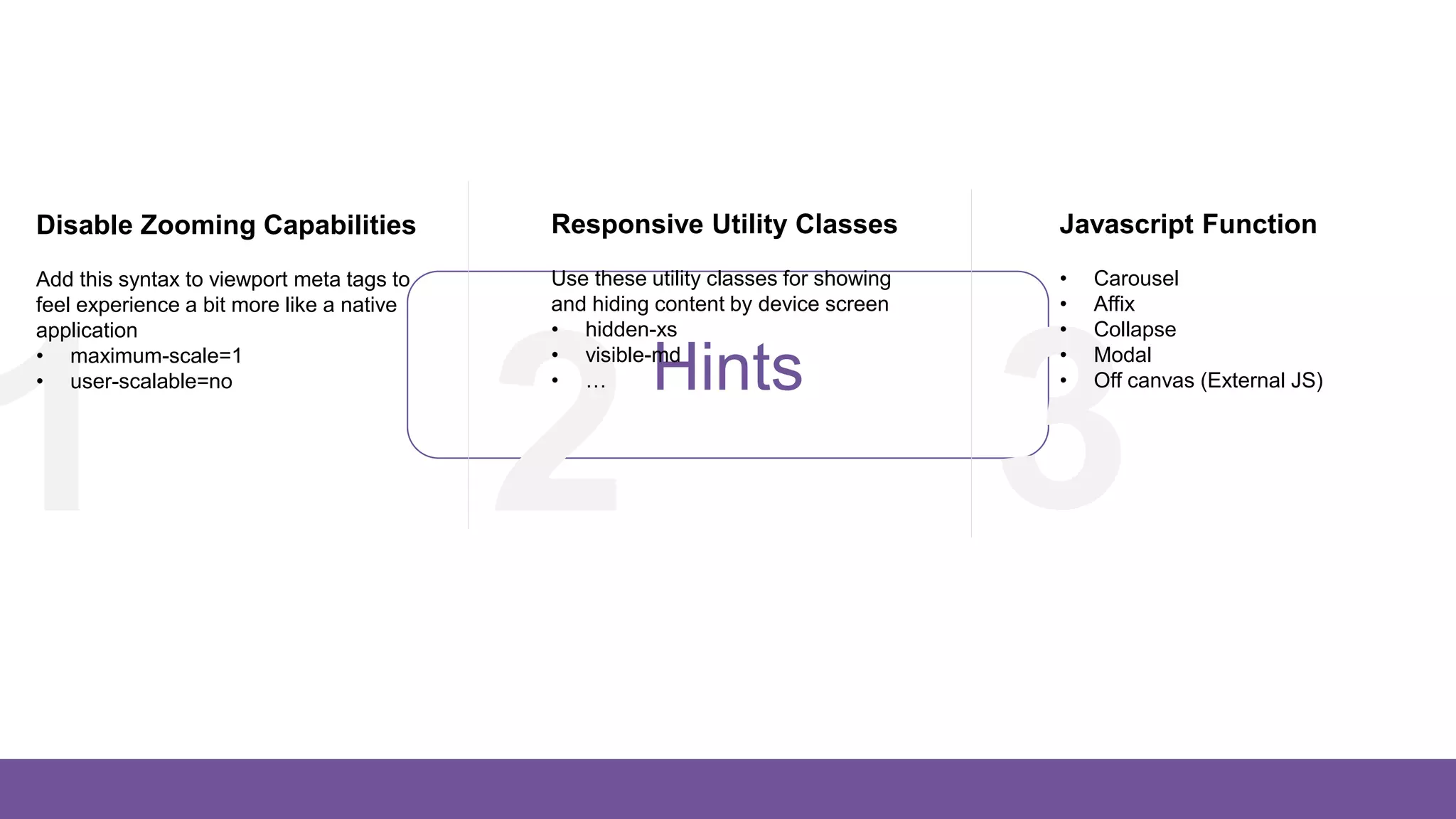 Hints
321
Disable Zooming Capabilities
Add this syntax to viewport meta tags to
feel experience a bit more like a native
application
• maximum-scale=1
• user-scalable=no
Responsive Utility Classes
Use these utility classes for showing
and hiding content by device screen
• hidden-xs
• visible-md
• …
Javascript Function
• Carousel
• Affix
• Collapse
• Modal
• Off canvas (External JS)
 