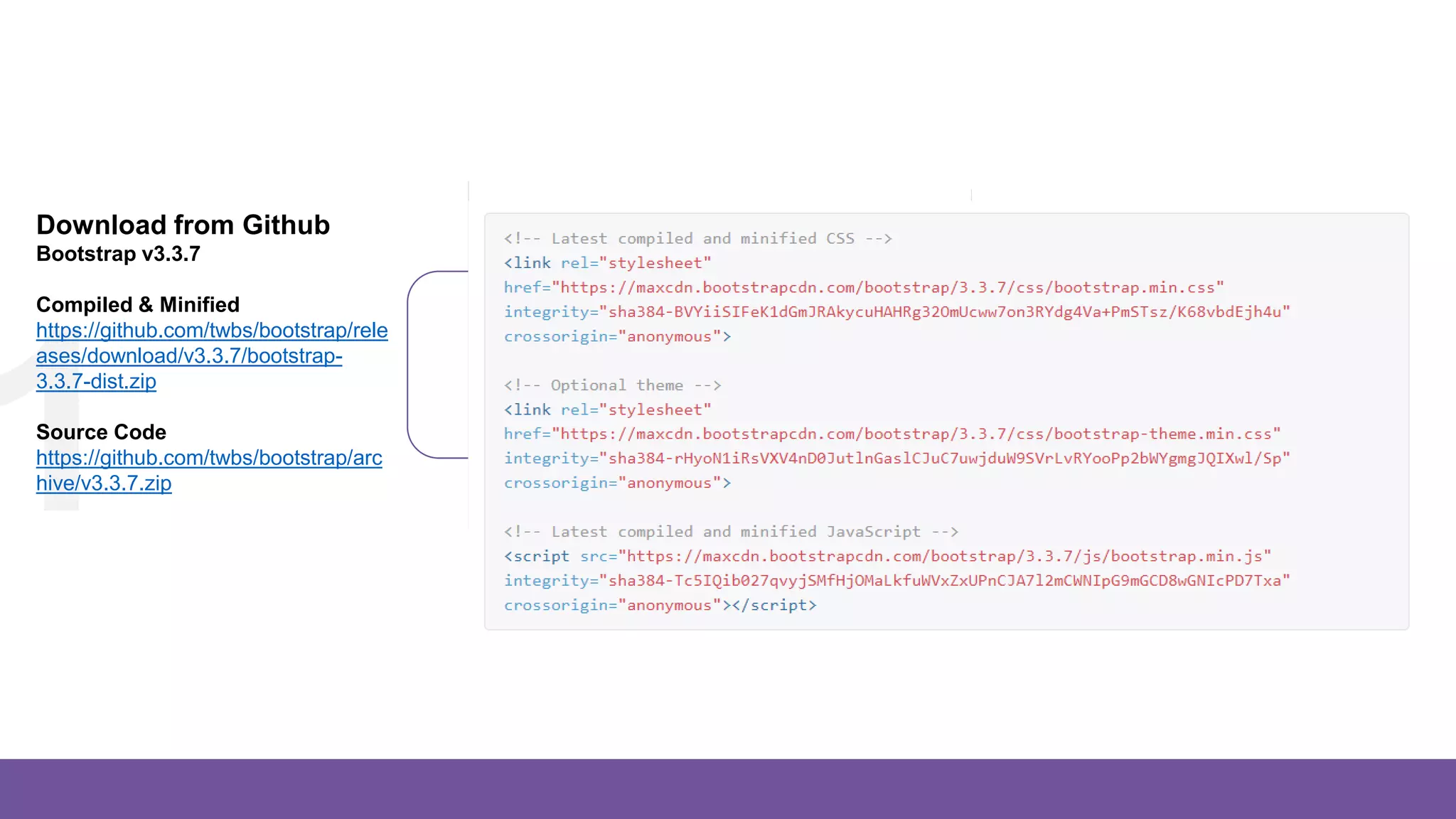 Getting Started
321
Download from Github
Bootstrap v3.3.7
Compiled & Minified
https://github.com/twbs/bootstrap/rele
ases/download/v3.3.7/bootstrap-
3.3.7-dist.zip
Source Code
https://github.com/twbs/bootstrap/arc
hive/v3.3.7.zip
Customize & Download
Bootstrap v3.3.7
Customize Bootstrap's
components, Less variables, and
jQuery plugins to get your very
own version.
http://getbootstrap.com/customize/
Bootstrap CDN
Bootstrap v3.3.7
The fastest and easy way to
getting started with Bootstrap
https://www.bootstrapcdn.com/
 