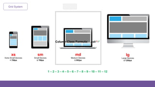 Grid System
md
Medium Devices
≥ 992px
sm
Small Devices
≥ 768px
xs
Extra Small Devices
< 768px
lg
Large Devices
≥ 1200px
Column Class Formula: .col-*-*
1 – 2 – 3 – 4 – 5 – 6 – 7 – 8 – 9 – 10 – 11 – 12
 