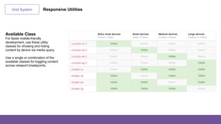 Grid System Responsive Utilities
Available Class
For faster mobile-friendly
development, use these utility
classes for showing and hiding
content by device via media query.
Use a single or combination of the
available classes for toggling content
across viewport breakpoints.
 