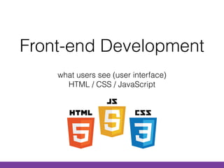 Front-end Development
what users see (user interface) 
HTML / CSS / JavaScript
 