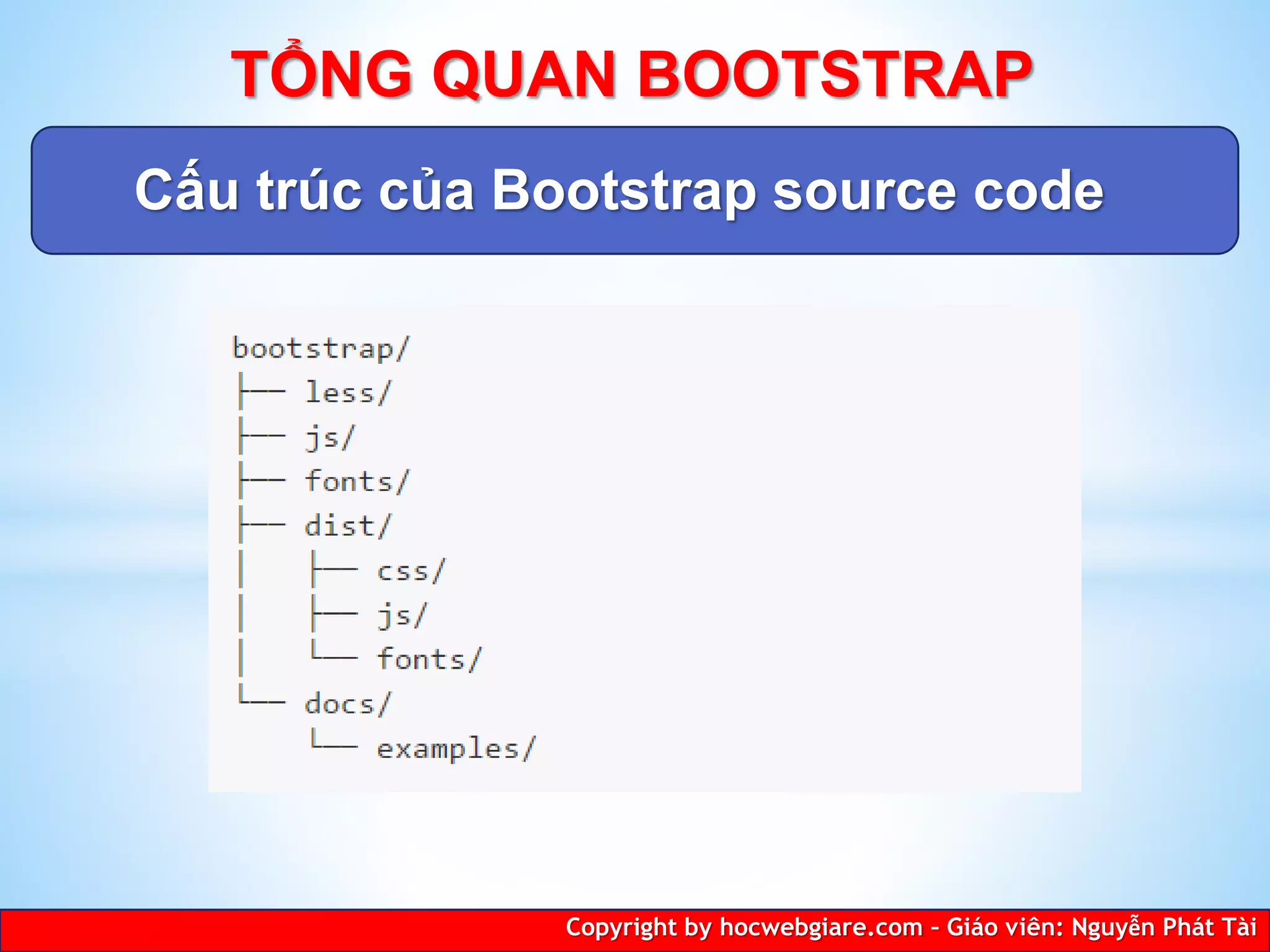 Cấu trúc của Bootstrap source code
Copyright by hocwebgiare.com – Giáo viên: Nguyễn Phát Tài
TỔNG QUAN BOOTSTRAP
 