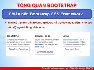 Phiên bản Bootstrap CSS Framework
Copyright by hocwebgiare.com – Giáo viên: Nguyễn Phát Tài
TỔNG QUAN BOOTSTRAP
• Hiện có 3 phiên bản Bootstrap được hỗ trợ download dành cho các
cấp độ người dùng khác nhau.
 