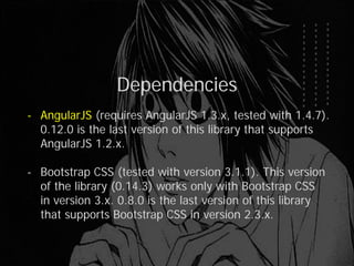 Dependencies
- AngularJS (requires AngularJS 1.3.x, tested with 1.4.7).
0.12.0 is the last version of this library that supports
AngularJS 1.2.x.
- Bootstrap CSS (tested with version 3.1.1). This version
of the library (0.14.3) works only with Bootstrap CSS
in version 3.x. 0.8.0 is the last version of this library
that supports Bootstrap CSS in version 2.3.x.
 