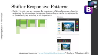 Alexandre Marreiros * www.DigitalMindIgnition.com * DevDays WebAliance 2014
Shifter Responsive Patterns
• Shifter: In this case we consider the importance of the columns as a base for
poitioning the elements on the canvas. Some columns can be transformed in
to lines displaying acording to his importance.
ImagecopyrightstoPluralsight
 