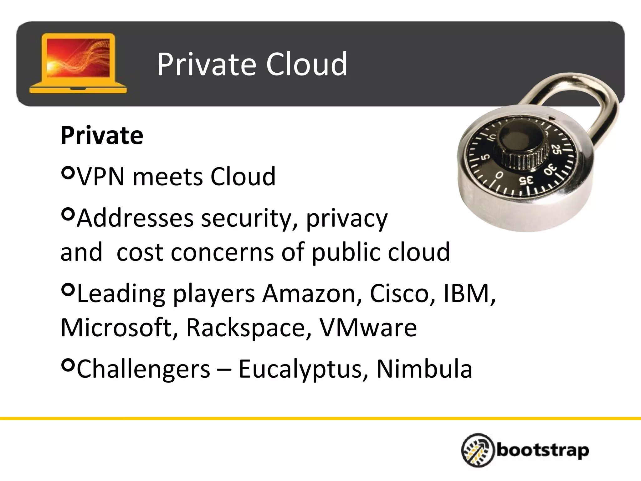 Private Cloud
Private
VPN meets Cloud
Addresses security, privacy
and cost concerns of public cloud
Leading players Amazon, Cisco, IBM,
Microsoft, Rackspace, VMware
Challengers – Eucalyptus, Nimbula
 