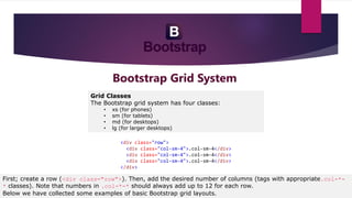 Bootstrap Grid System
Grid Classes
The Bootstrap grid system has four classes:
• xs (for phones)
• sm (for tablets)
• md (for desktops)
• lg (for larger desktops)
First; create a row (<div class="row">). Then, add the desired number of columns (tags with appropriate.col-*-
* classes). Note that numbers in .col-*-* should always add up to 12 for each row.
Below we have collected some examples of basic Bootstrap grid layouts.
<div class="row">
<div class="col-sm-4">.col-sm-4</div>
<div class="col-sm-4">.col-sm-4</div>
<div class="col-sm-4">.col-sm-4</div>
</div>
 