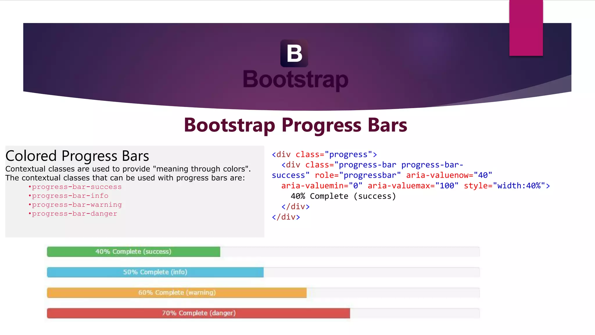Bootstrap Progress Bars
Colored Progress Bars
Contextual classes are used to provide "meaning through colors".
The contextual classes that can be used with progress bars are:
•progress-bar-success
•progress-bar-info
•progress-bar-warning
•progress-bar-danger
<div class="progress">
<div class="progress-bar progress-bar-
success" role="progressbar" aria-valuenow="40"
aria-valuemin="0" aria-valuemax="100" style="width:40%">
40% Complete (success)
</div>
</div>
 
