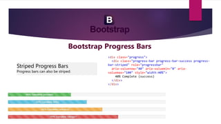 Bootstrap Progress Bars
Striped Progress Bars
Progress bars can also be striped:
<div class="progress">
<div class="progress-bar progress-bar-success progress-
bar-striped" role="progressbar"
aria-valuenow="40" aria-valuemin="0" aria-
valuemax="100" style="width:40%">
40% Complete (success)
</div>
</div>
 