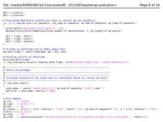 File: /media/SAMSUNG/10-CoursesAndD…011]/00.bootstrap.evaluation.r

Page 6 of 10

pE2 = c(valor2)
pE3 = c(valormv)
# Executando Montecarlo tomando por base os valores de uma sequência.
for (i in seq(my.start.of.sequence + my.jump.of.sequence, my.end.of.sequence, my.jump.of.sequence))
{
print(paste("Avaliação com B igual a:", i))
NotExplicitlyIterativeMontecarlo(my.number.of.observations, i, my.length.of.my.vector)
pE1 = c(pE1, valor1)
pE2 = c(pE2, valor2)
pE3 = c(pE3, valormv)
}
# Criando um dataframe com os dados adquiridos
my.data.frame <- data.frame(MyB, pE1, pE2, pE3)
# Exibindo valores do dataframe
print(my.data.frame)
if (my.view.grid.results) View(my.data.frame, title="Valores Adquiridos - Usando Montecarlo")
#-----------------------------------------------------------------------------# Inicio da plotagem
#-----------------------------------------------------------------------------#-----------------------------------------------------------------------------# Iniciando dispositivo de saída caso os resultados devam ser salvos em disco
#-----------------------------------------------------------------------------if (my.save.result)
{
save.name <- paste('saved.result.01[',my.end.of.sequence,'].pdf', sep='')
pdf(file = save.name, onefile = TRUE)
}
# PLOT CONFIG
my.col
<- 'black'
my.type
<- c("p","r")
my.pch
<- 20
my.scales <- list(x = list( relation = "free", limits = c(1, my.end.of.sequence*1.5)), y = list( relation = "free",
limits = c(-50, 50)))
my.xlab
<- "B"
my.ylab
<- expression(paste('Estimativa bootstrap do erro quadrático médio para o estimador ', theta[1]))

 