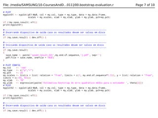 File: /media/SAMSUNG/10-CoursesAndD…011]/00.bootstrap.evaluation.r

Page 7 of 10

# PLOT
myplot01 <- xyplot(pE1~MyB, col = my.col, type = my.type, data = my.data.frame,
scales = my.scales, xlab = my.xlab, ylab = my.ylab, pch=my.pch)
if (!my.save.result) x11()
print(myplot01)
#-----------------------------------------------------------------------------# Encerrando dispositivo de saída caso os resultados devam ser salvos em disco
#-----------------------------------------------------------------------------if (my.save.result) { dev.off() }
#-----------------------------------------------------------------------------# Iniciando dispositivo de saída caso os resultados devam ser salvos em disco
#-----------------------------------------------------------------------------if (my.save.result)
{
save.name <- paste('saved.result.02[',my.end.of.sequence,'].pdf', sep='')
pdf(file = save.name, onefile = TRUE)
}
# PLOT CONFIG
my.col
<- 'red'
my.type
<- c("p","r")
my.pch
<- 20
my.scales <- list(x = list( relation = "free", limits = c(1, my.end.of.sequence*1.5)), y = list( relation = "free",
limits = c(-50, 50)))
my.xlab
<- "B"
my.ylab
<- expression(paste('Estimativa bootstrap do erro quadrático médio para o estimador ', theta[2]))
# PLOT
myplot02 <- xyplot(pE2~MyB, col = my.col, type = my.type, data = my.data.frame,
scales = my.scales, xlab = my.xlab, ylab = my.ylab, pch=my.pch)
if (!my.save.result) x11()
print(myplot02)
#-----------------------------------------------------------------------------# Encerrando dispositivo de saída caso os resultados devam ser salvos em disco
#-----------------------------------------------------------------------------if (my.save.result) { dev.off() }

 