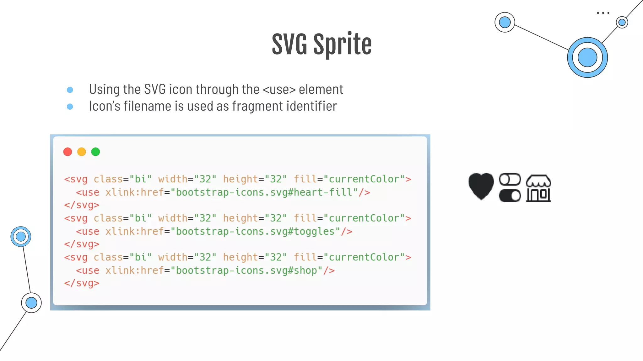 SVG Sprite
● Using the SVG icon through the <use> element
● Icon’s filename is used as fragment identifier
 