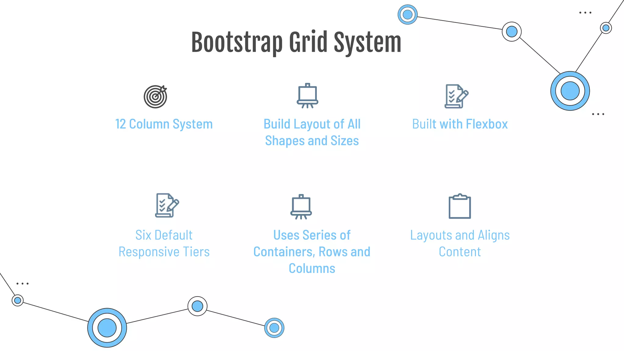 Built with Flexbox
12 Column System Build Layout of All
Shapes and Sizes
Bootstrap Grid System
Six Default
Responsive Tiers
Uses Series of
Containers, Rows and
Columns
Layouts and Aligns
Content
 