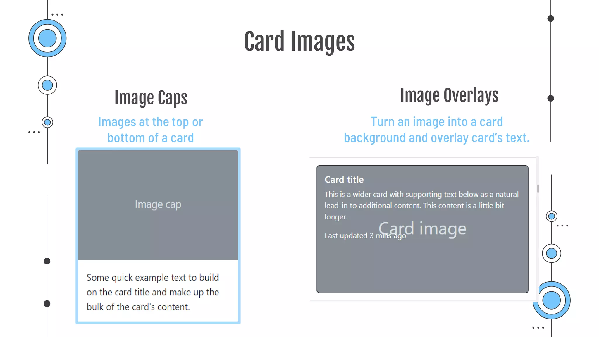 Card Images
Turn an image into a card
background and overlay card’s text.
Images at the top or
bottom of a card
Image Caps Image Overlays
 