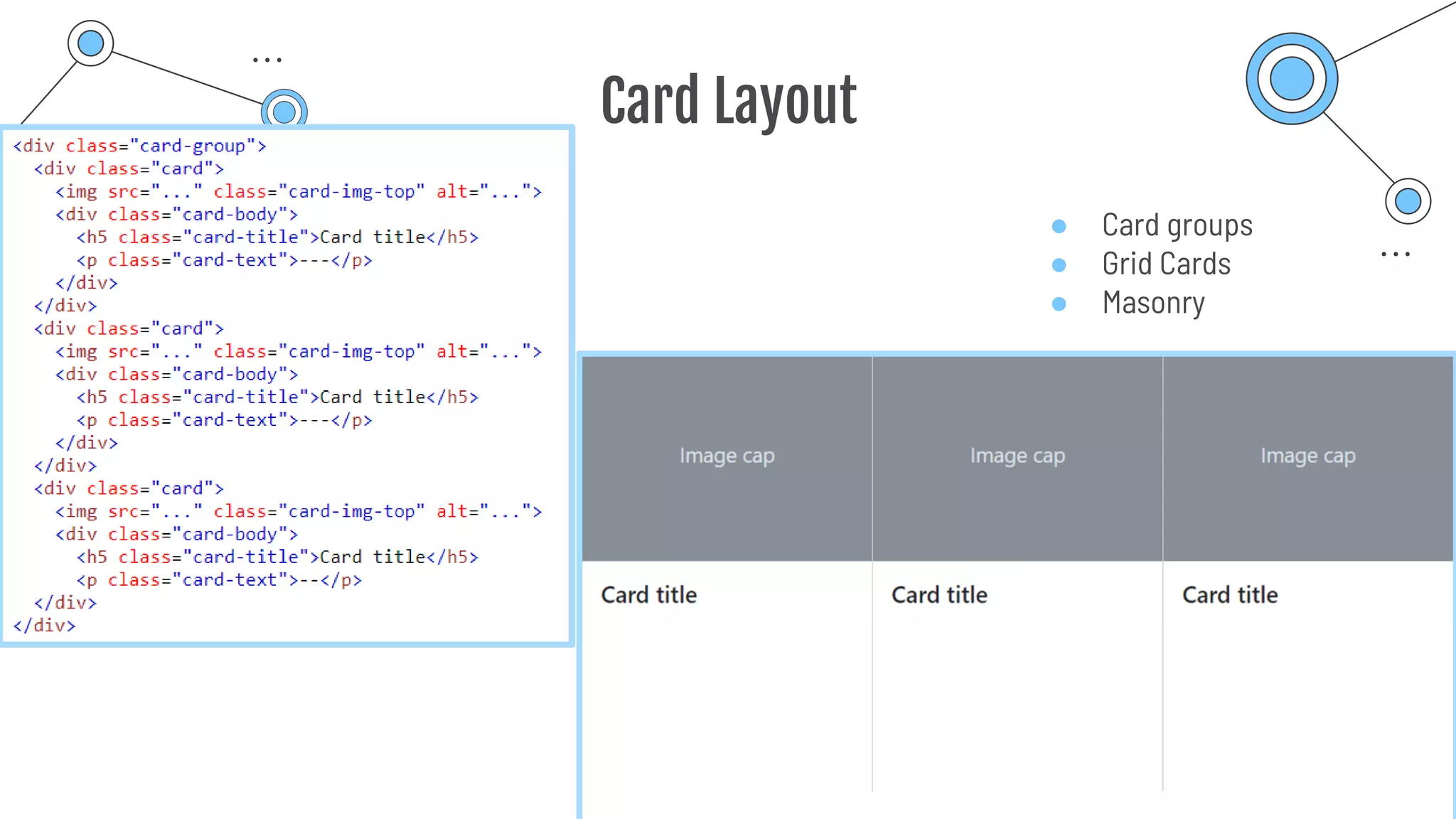 Card Layout
● Card groups
● Grid Cards
● Masonry
 