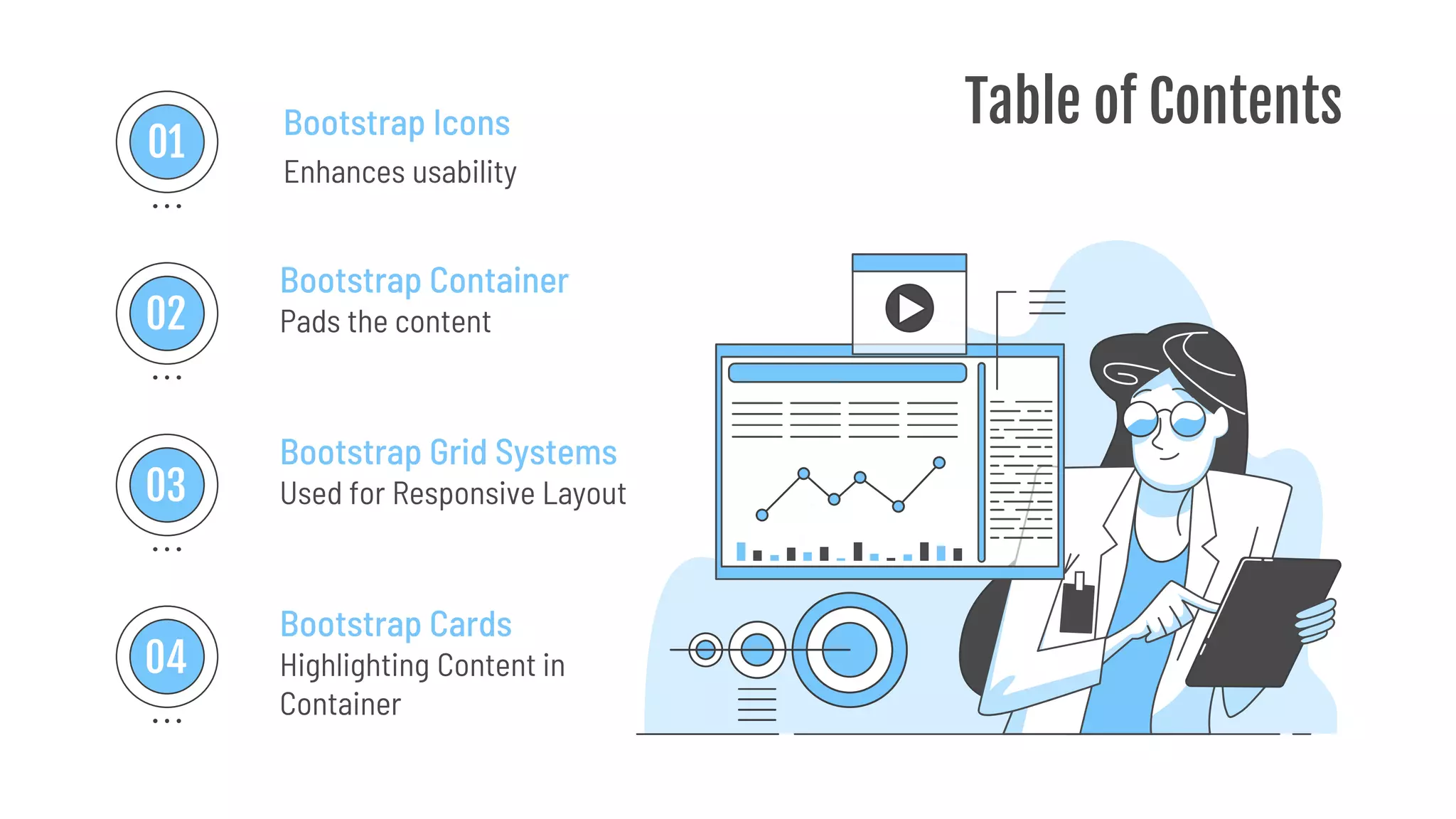 Table of Contents
Enhances usability
Bootstrap Icons
Bootstrap Container
Pads the content
Bootstrap Grid Systems
Used for Responsive Layout
Bootstrap Cards
Highlighting Content in
Container
01
02
03
04
 
