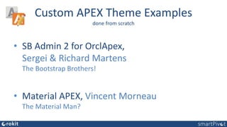 Custom APEX Theme Examples
done from scratch
• SB Admin 2 for OrclApex,
Sergei & Richard Martens
The Bootstrap Brothers!
• Material APEX, Vincent Morneau
The Material Man?
 