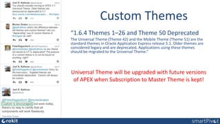 Custom Themes
“1.6.4 Themes 1–26 and Theme 50 Deprecated
The Universal Theme (Theme 42) and the Mobile Theme (Theme 51) are the
standard themes in Oracle Application Express release 5.1. Older themes are
considered legacy and are deprecated. Applications using these themes
should be migrated to the Universal Theme.”
Universal Theme will be upgraded with future versions
of APEX when Subscription to Master Theme is kept!
 