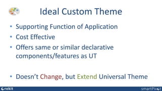 Ideal Custom Theme
• Supporting Function of Application
• Cost Effective
• Offers same or similar declarative
components/features as UT
• Doesn’t Change, but Extend Universal Theme
 