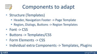 Components to adapt
• Structure (Templates)
 Header, Navigation Footer -> Page Template
 Region, Dialogs, Buttons -> Region Templates
• Font -> CSS
• Buttons -> Templates/CSS
• Form Elements -> CSS
• Individual extra Components -> Templates, Plugins
 