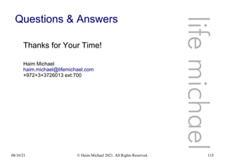 08/10/21 © Haim Michael 2021. All Rights Reserved. 115
Questions & Answers
Thanks for Your Time!
Haim Michael
haim.michael@lifemichael.com
+972+3+3726013 ext:700
life
michael
 