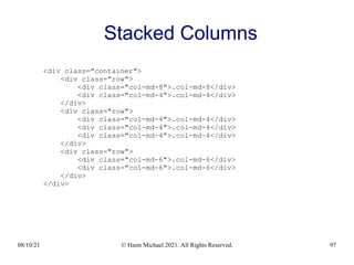 08/10/21 © Haim Michael 2021. All Rights Reserved. 97
Stacked Columns
<div class="container">
<div class="row">
<div class="col-md-8">.col-md-8</div>
<div class="col-md-4">.col-md-4</div>
</div>
<div class="row">
<div class="col-md-4">.col-md-4</div>
<div class="col-md-4">.col-md-4</div>
<div class="col-md-4">.col-md-4</div>
</div>
<div class="row">
<div class="col-md-6">.col-md-6</div>
<div class="col-md-6">.col-md-6</div>
</div>
</div>
 