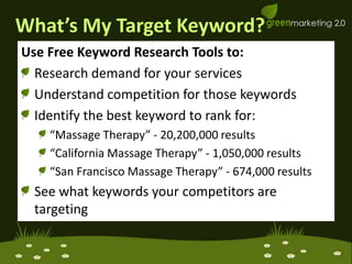 What’s My Target Keyword?Use Free Keyword Research Tools to:Research demand for your servicesUnderstand competition for those keywordsIdentify the best keyword to rank for:“Massage Therapy” - 20,200,000 results“California Massage Therapy” - 1,050,000 results“San Francisco Massage Therapy” - 674,000 resultsSee what keywords your competitors are targeting