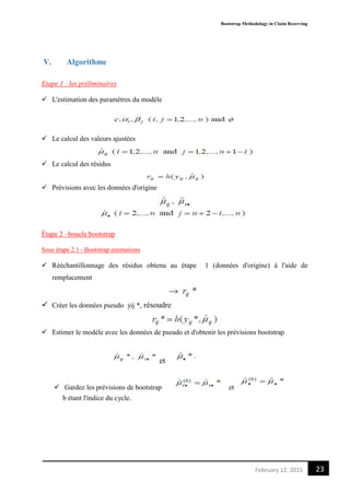 Bootstrap Methodology in Claim Reserving
23February 12, 2015
V. Algorithme
Etape 1 : les préliminaires
 L'estimation des paramètres du modèle
 Le calcul des valeurs ajustées
 Le calcul des résidus
 Prévisions avec les données d'origine
Étape 2 –boucle bootstrap
Sous étape 2.1 - Bootstrap estimations
 Rééchantillonnage des résidus obtenu au étape 1 (données d'origine) à l'aide de
remplacement
 Créer les données pseudo yij *, résoudre
 Estimer le modèle avec les données de pseudo et d'obtenir les prévisions bootstrap
et
 Gardez les prévisions de bootstrap et
b étant l'indice du cycle.
 