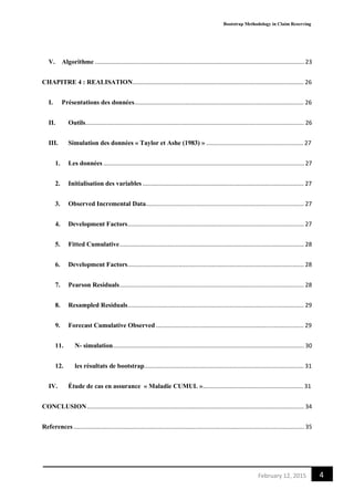 Bootstrap Methodology in Claim Reserving
4February 12, 2015
V. Algorithme ............................................................................................................................... 23
CHAPITRE 4 : REALISATION........................................................................................................ 26
I. Présentations des données....................................................................................................... 26
II. Outils..................................................................................................................................... 26
III. Simulation des données « Taylor et Ashe (1983) » ........................................................... 27
1. Les données .......................................................................................................................... 27
2. Initialisation des variables .................................................................................................. 27
3. Observed Incremental Data................................................................................................ 27
4. Development Factors........................................................................................................... 27
5. Fitted Cumulative................................................................................................................ 28
6. Development Factors........................................................................................................... 28
7. Pearson Residuals................................................................................................................ 28
8. Resampled Residuals........................................................................................................... 29
9. Forecast Cumulative Observed.......................................................................................... 29
11. N- simulation.................................................................................................................... 30
12. les résultats de bootstrap................................................................................................. 31
IV. Étude de cas en assurance « Maladie CUMUL »............................................................. 31
CONCLUSION.................................................................................................................................... 34
References ............................................................................................................................................ 35
 