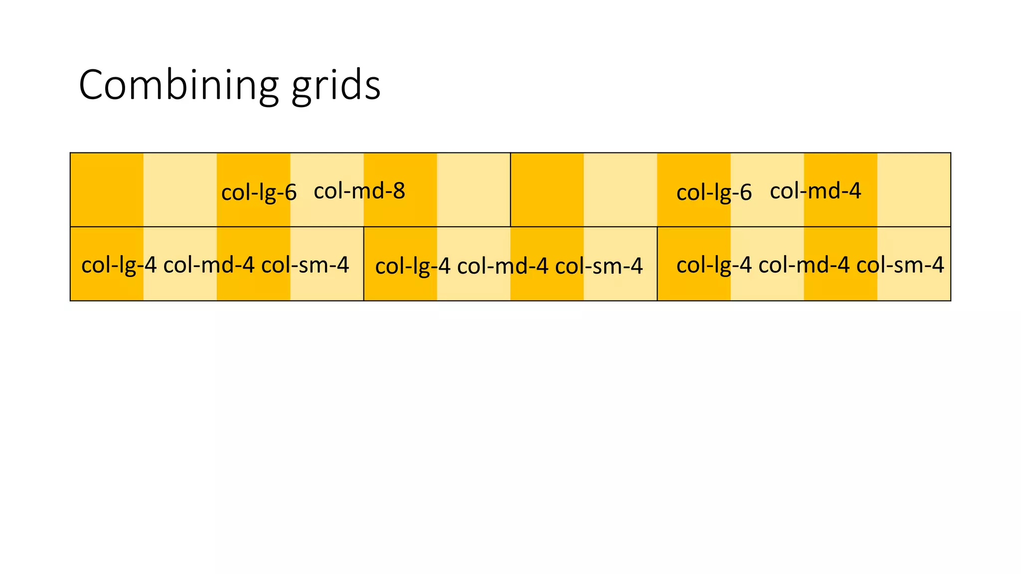 Combining grids
col-lg-6 col-lg-6
col-lg-4 col-md-4 col-sm-4 col-lg-4 col-md-4 col-sm-4 col-lg-4 col-md-4 col-sm-4
col-md-8 col-md-4
 
