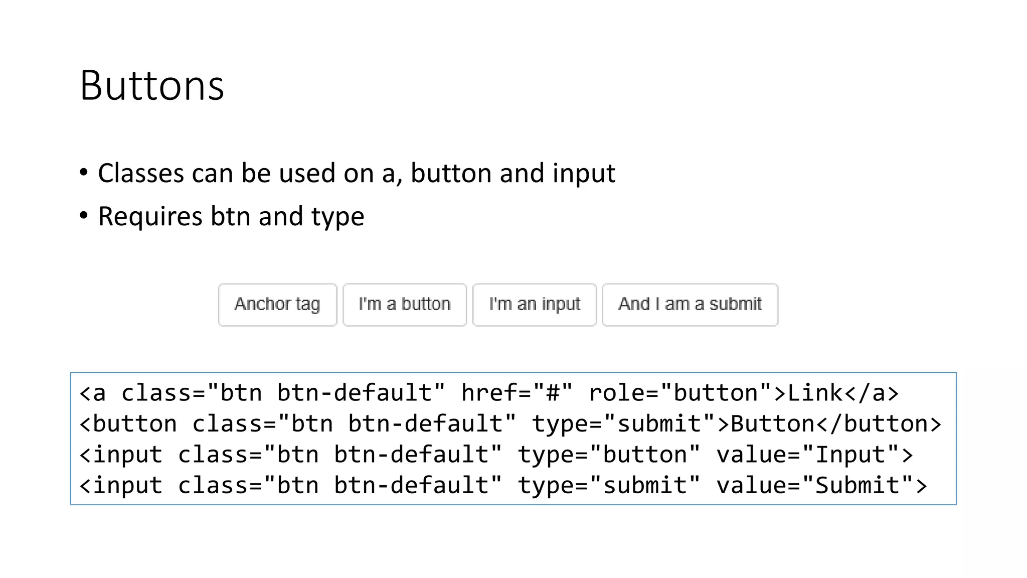 Buttons
• Classes can be used on a, button and input
• Requires btn and type
<a class="btn btn-default" href="#" role="button">Link</a>
<button class="btn btn-default" type="submit">Button</button>
<input class="btn btn-default" type="button" value="Input">
<input class="btn btn-default" type="submit" value="Submit">
 