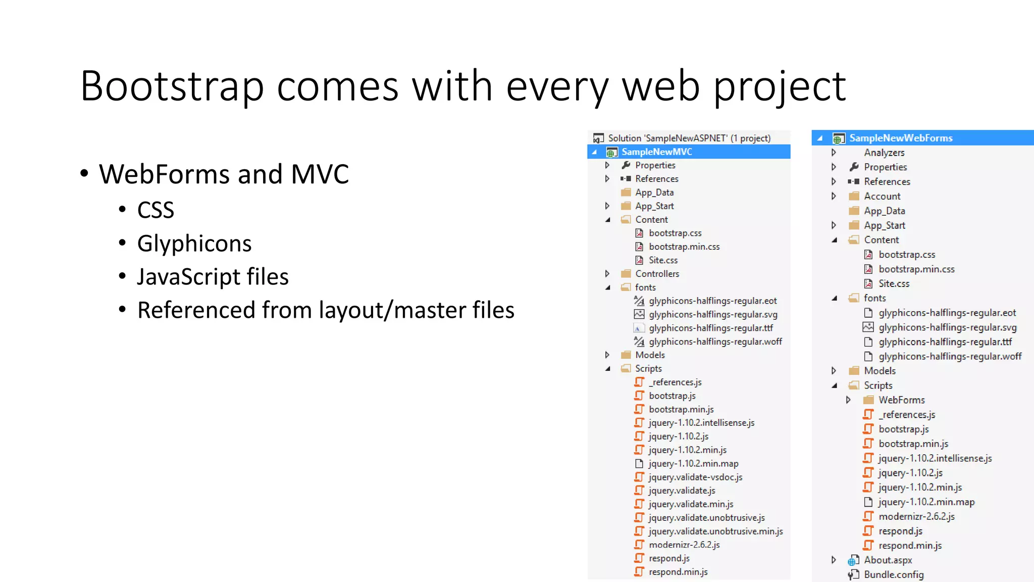 Bootstrap comes with every web project
• WebForms and MVC
• CSS
• Glyphicons
• JavaScript files
• Referenced from layout/master files
 