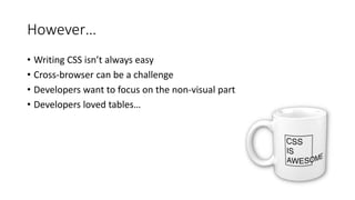 However…
• Writing CSS isn’t always easy
• Cross-browser can be a challenge
• Developers want to focus on the non-visual part
• Developers loved tables…
 