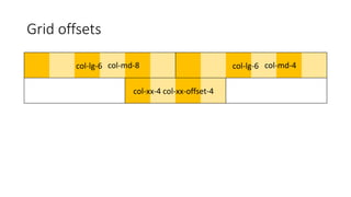 Grid offsets
col-lg-6 col-lg-6
col-xx-4 col-xx-offset-4
col-md-8 col-md-4
 