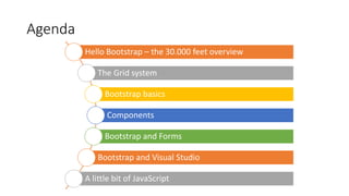 Agenda
Hello Bootstrap – the 30.000 feet overview
The Grid system
Bootstrap basics
Components
Bootstrap and Forms
Bootstrap and Visual Studio
A little bit of JavaScript
 