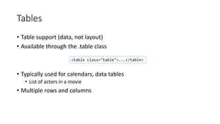 Tables
• Table support (data, not layout)
• Available through the .table class
• Typically used for calendars, data tables
• List of actors in a movie
• Multiple rows and columns
<table class="table">...</table>
 