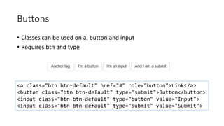 Buttons
• Classes can be used on a, button and input
• Requires btn and type
<a class="btn btn-default" href="#" role="button">Link</a>
<button class="btn btn-default" type="submit">Button</button>
<input class="btn btn-default" type="button" value="Input">
<input class="btn btn-default" type="submit" value="Submit">
 