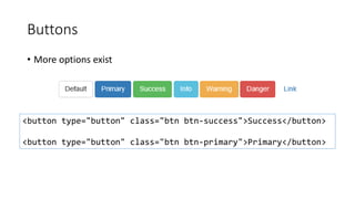 Buttons
• More options exist
<button type="button" class="btn btn-success">Success</button>
<button type="button" class="btn btn-primary">Primary</button>
 