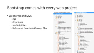 Bootstrap comes with every web project
• WebForms and MVC
• CSS
• Glyphicons
• JavaScript files
• Referenced from layout/master files
 