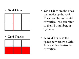 • Grid Lines
• Grid Tracks
• Grid Lines are the lines
that make up the grid.
These can be horizontal
or vertical. We can refer
to them by number, or
by name.
• A Grid Track is the
space between two Grid
Lines, either horizontal
or vertical
 