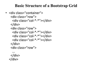 Basic Structure of a Bootstrap Grid
• <div class="container">
<div class="row">
<div class="col-*-*"></div>
</div>
<div class="row">
<div class="col-*-*"></div>
<div class="col-*-*"></div>
<div class="col-*-*"></div>
</div>
<div class="row">
...
</div>
</div>
 