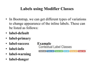 Labels using Modifier Classes
• In Bootstrap, we can get different types of variations
to change appearance of the inline labels. These can
be listed as follows:
• label-default
• label-primary
• label-success Example
• label-info
• label-warning
• label-danger
 