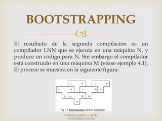 BOOTSTRAPPING
          
El resultado de la segunda compilación es un
compilador LNN que se ejecuta en una máquina N, y
produce un código para N. Sin embargo el compilador
está construido en una máquina M (véase ejemplo 4.1).
El proceso se muestra en la siguiente figura:




                   COMPILADORES 5º NIVEL
                     INGENIERIA PUCESI
 