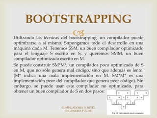 BOOTSTRAPPING
           
Utilizando las técnicas del bootstrapping, un compilador puede
optimizarse a sí mismo. Supongamos todo el desarrollo en una
máquina dada M. Tenemos SSM, un buen compilador optimizado
para el lenguaje S escrito en S, y queremos SMM, un buen
compilador optimizado escrito en M.
Se puede construir SM*M*, un compilador poco optimizado de S
en M, que no sólo genera mal código, sino que además es lento.
(M* indica una mala implementación en M. SM*M* es una
implementación peor del compilador que genera peor código). Sin
embargo, se puede usar este compilador no optimizado, para
obtener un buen compilador de S en dos pasos:


                       COMPILADORES 5º NIVEL
                         INGENIERIA PUCESI
 