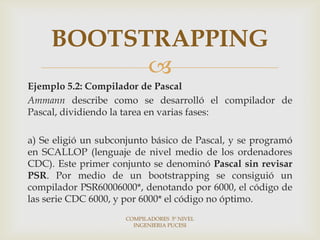BOOTSTRAPPING
           
Ejemplo 5.2: Compilador de Pascal
Ammann describe como se desarrolló el compilador de
Pascal, dividiendo la tarea en varias fases:

a) Se eligió un subconjunto básico de Pascal, y se programó
en SCALLOP (lenguaje de nivel medio de los ordenadores
CDC). Este primer conjunto se denominó Pascal sin revisar
PSR. Por medio de un bootstrapping se consiguió un
compilador PSR60006000*, denotando por 6000, el código de
las serie CDC 6000, y por 6000* el código no óptimo.
                     COMPILADORES 5º NIVEL
                       INGENIERIA PUCESI
 