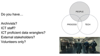 PEOPLE
PROCESS TECH
Do you have…
Archivists?
ICT staff?
ICT proficient data wranglers?
External stakeholders?
Volunteers only?
 