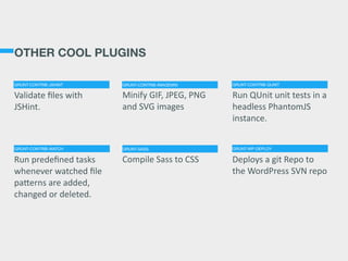OTHER COOL PLUGINS
Minify  GIF,  JPEG,  PNG  
and  SVG  images
Run  QUnit  unit  tests  in  a  
headless  PhantomJS  
instance.
Compile  Sass  to  CSS Deploys  a  git  Repo  to  
the  WordPress  SVN  repo
Validate  ﬁles  with  
JSHint.
Run  predeﬁned  tasks  
whenever  watched  ﬁle  
pa>erns  are  added,  
changed  or  deleted.
GRUNT-CONTRIB-JSHINT GRUNT-CONTRIB-IMAGEMIN GRUNT-CONTRIB-QUNIT
GRUNT-CONTRIB-WATCH GRUNT-SASS GRUNT-WP-DEPLOY
 