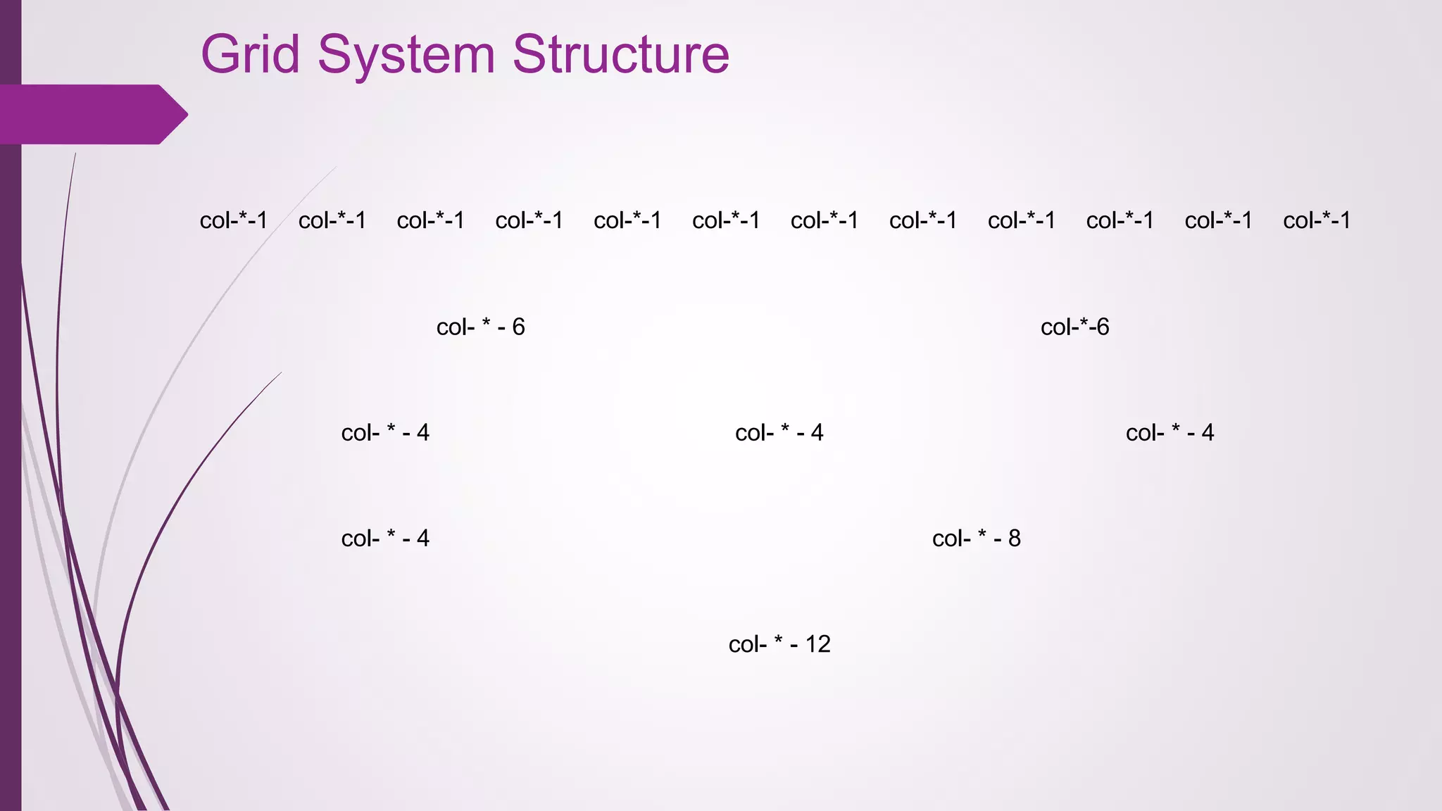 Grid System Structure
col-*-1 col-*-1 col-*-1 col-*-1 col-*-1 col-*-1 col-*-1 col-*-1 col-*-1 col-*-1 col-*-1 col-*-1
 
col- * - 6  col-*-6
col- * - 4 col- * - 4 col- * - 4 
col- * - 4 col- * - 8
col- * - 12
 